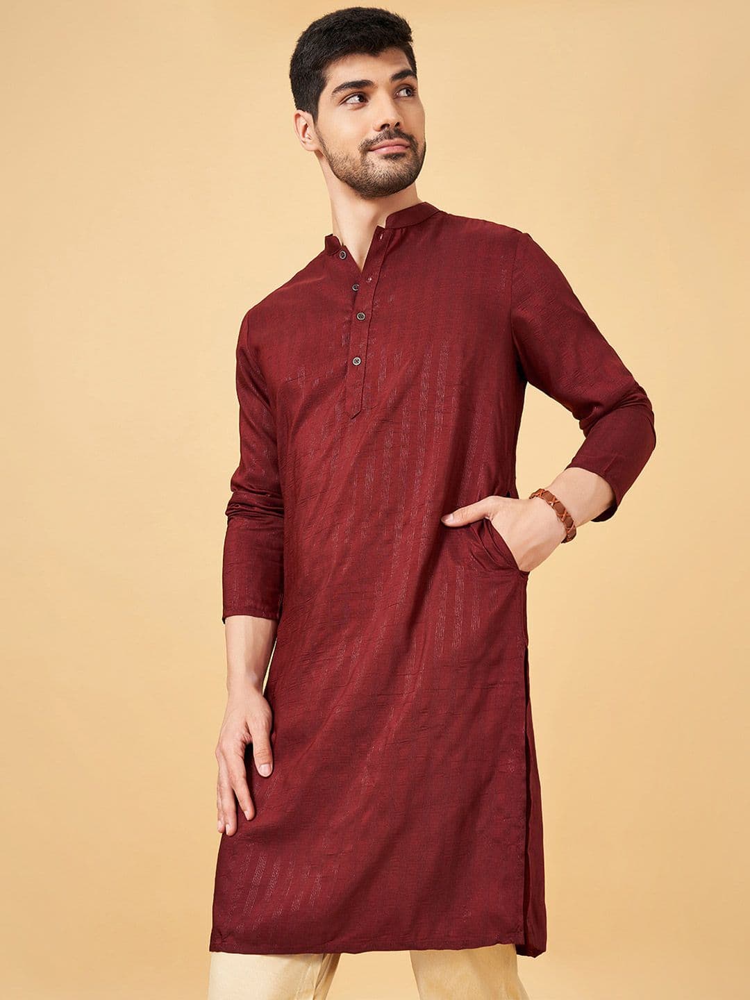 indus route by Pantaloons Striped Band Collar Straight Kurta - view 1