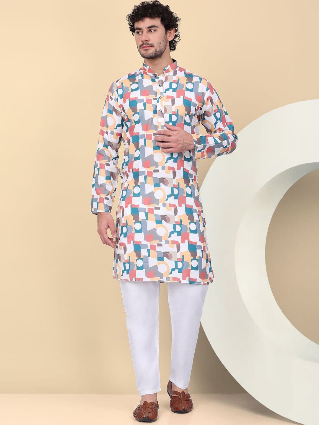 KRAFT INDIA Abstract Printed Mandarin Collar Cotton Straight Kurta - view 1
