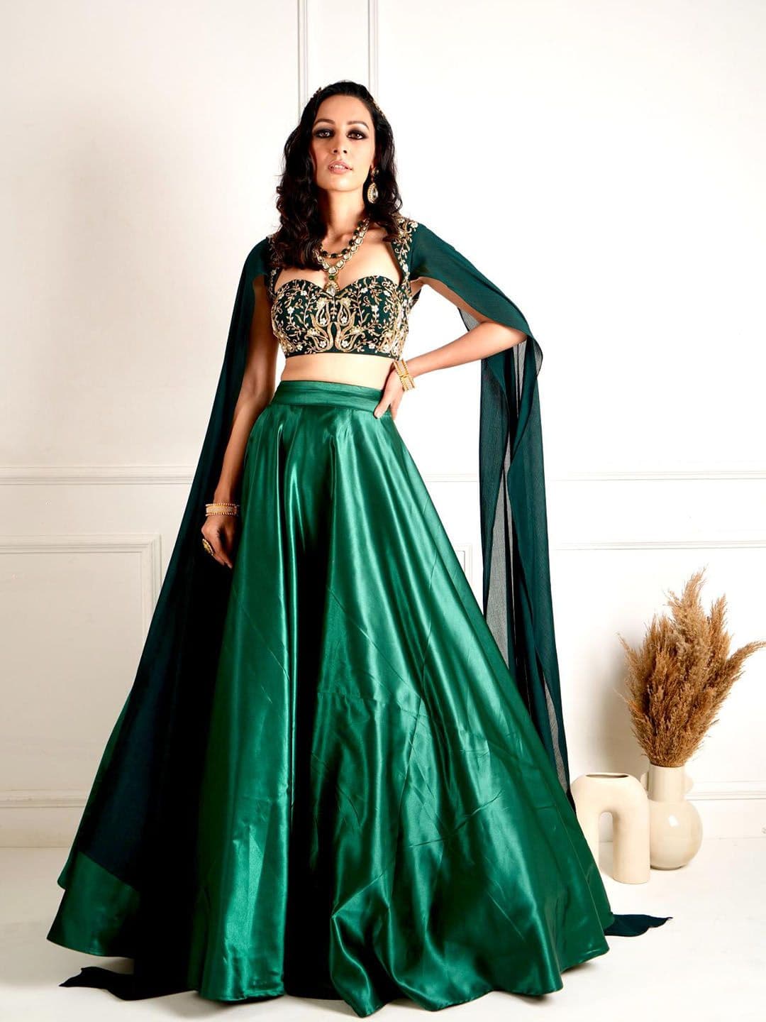 Rashika Sharma Embellished Flutter Sleeves Thread Work Satin Ready To Wear Lehenga Choli - view 1