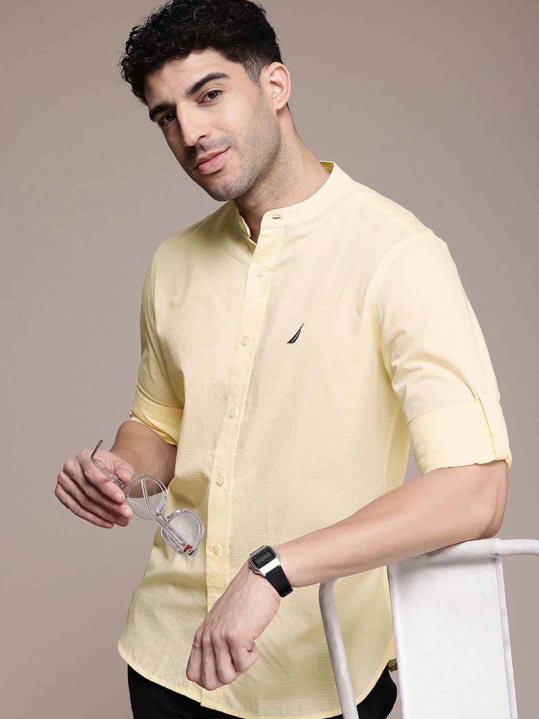 Nautica Slim Fit Self Stripes Band Collar Pure Cotton Casual Shirt - view 1