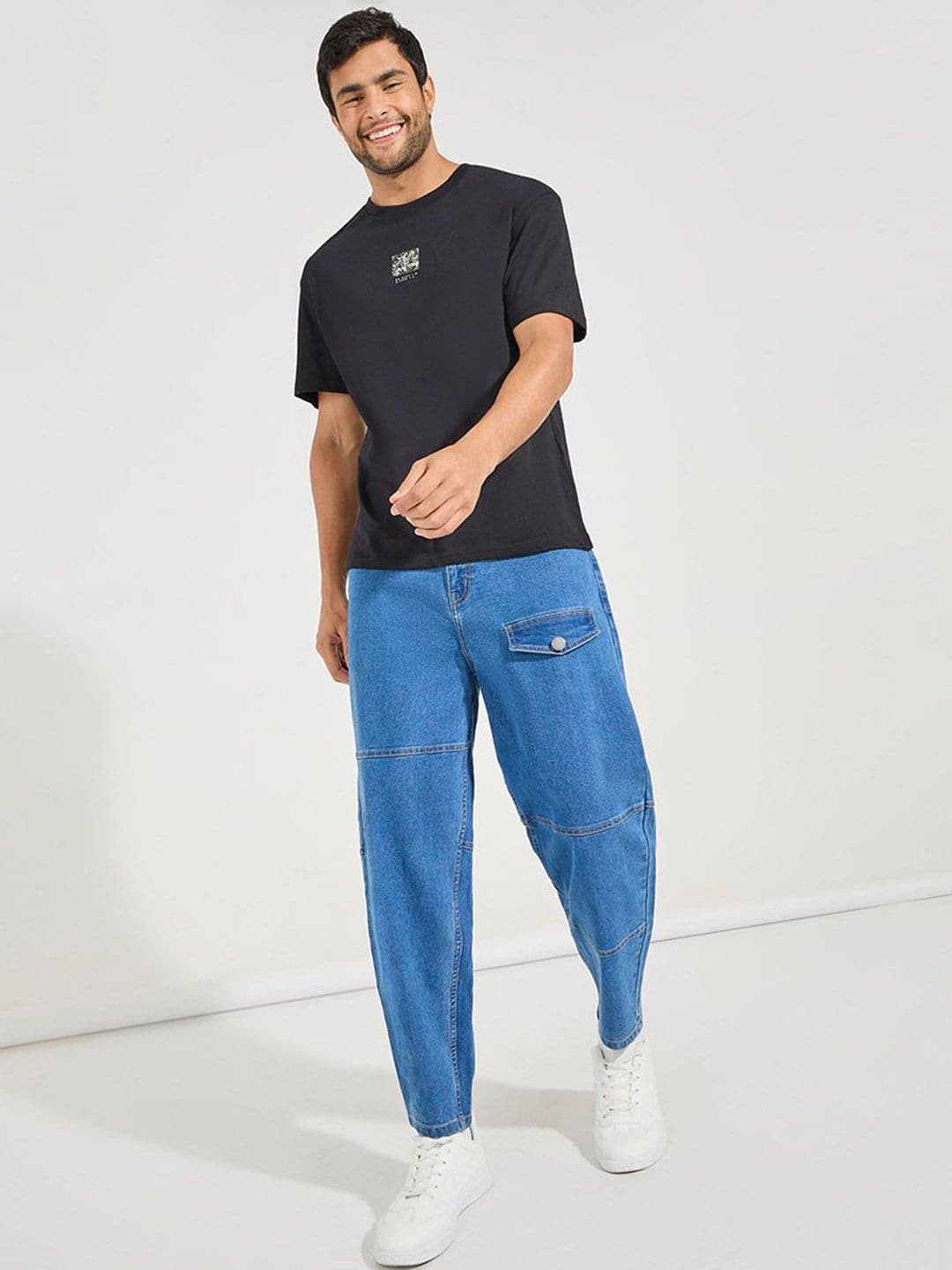 Styli Men Blue Solid Balloon Fit Clean Look Mid-Rise Dark Wash Cotton Denim Jeans - view 1