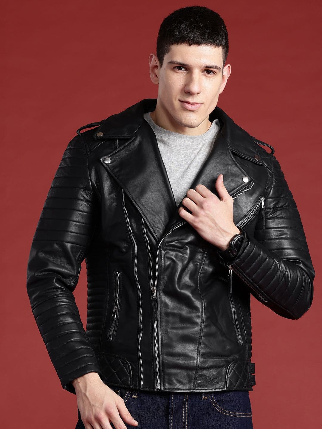 Leather Retail Men Overlap-Closure Leather Biker Jacket - view 1