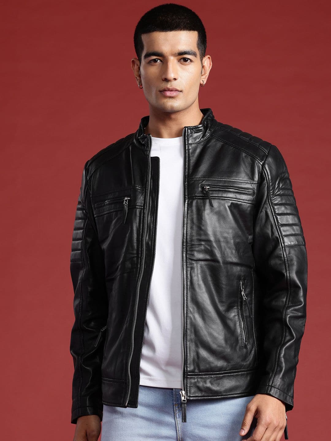 Leather Retail Men Quilted Detail Leather Biker Jacket - view 1