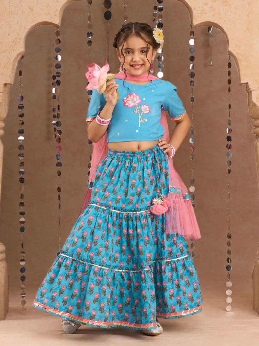LIL DRAMA Girls Floral Printed Ready to Wear Cotton Lehenga & Blouse With Dupatta - view 1