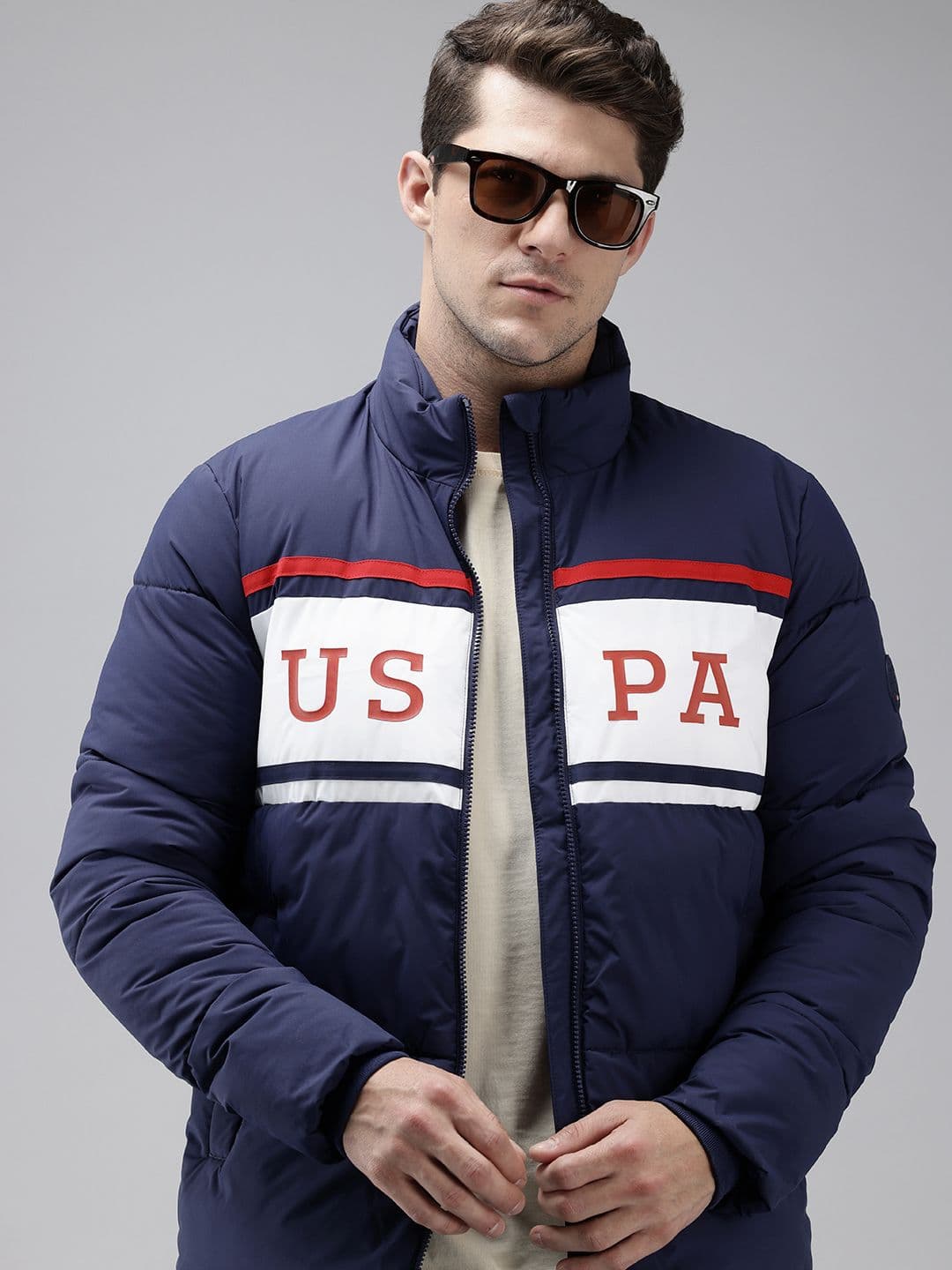 U.S. Polo Assn. Stand Collar Brand Logo Printed Colourblocked Puffer Jacket - view 1