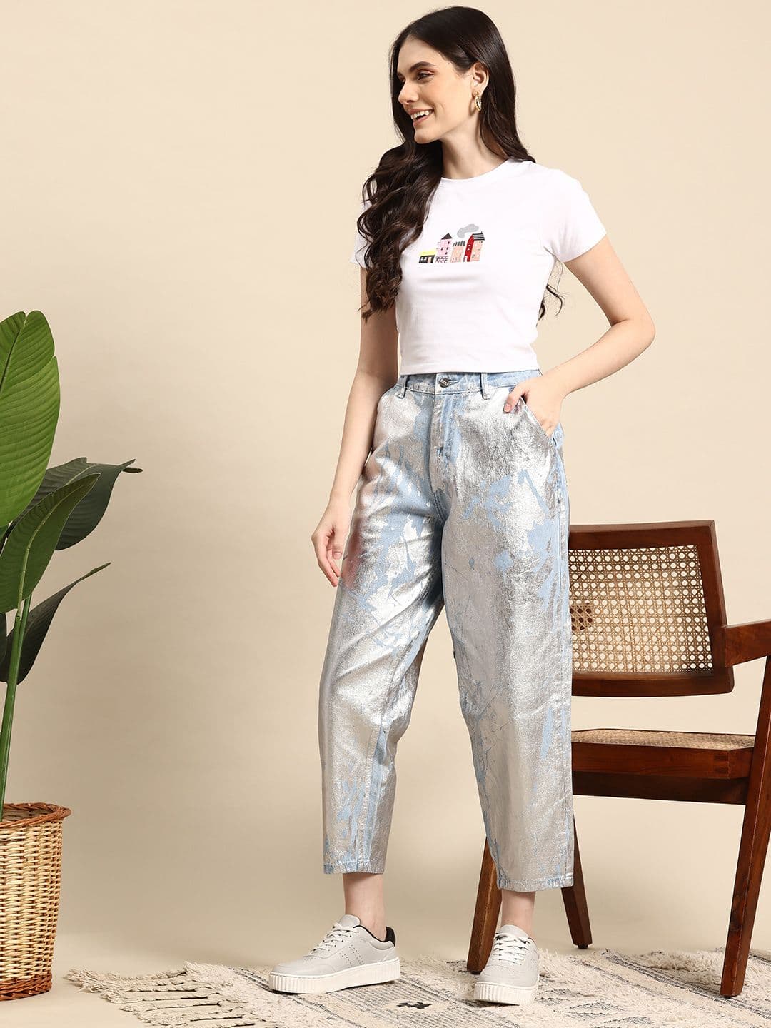 Mast & Harbour Women Pure Cotton Relaxed Fit Foil Print Jeans - view 1
