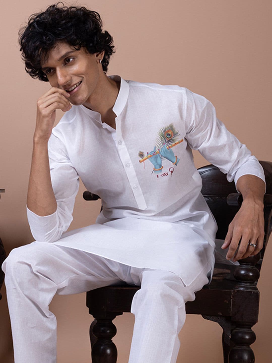 DEVOILER Printed White Band Collar Cotton Straight Flared Kurta - view 1