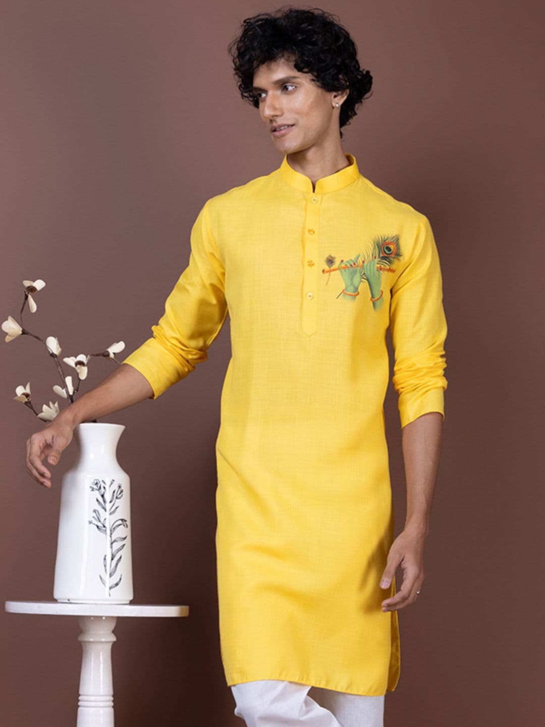 DEVOILER Printed Yellow Band Collar Cotton Straight Kurta - view 1