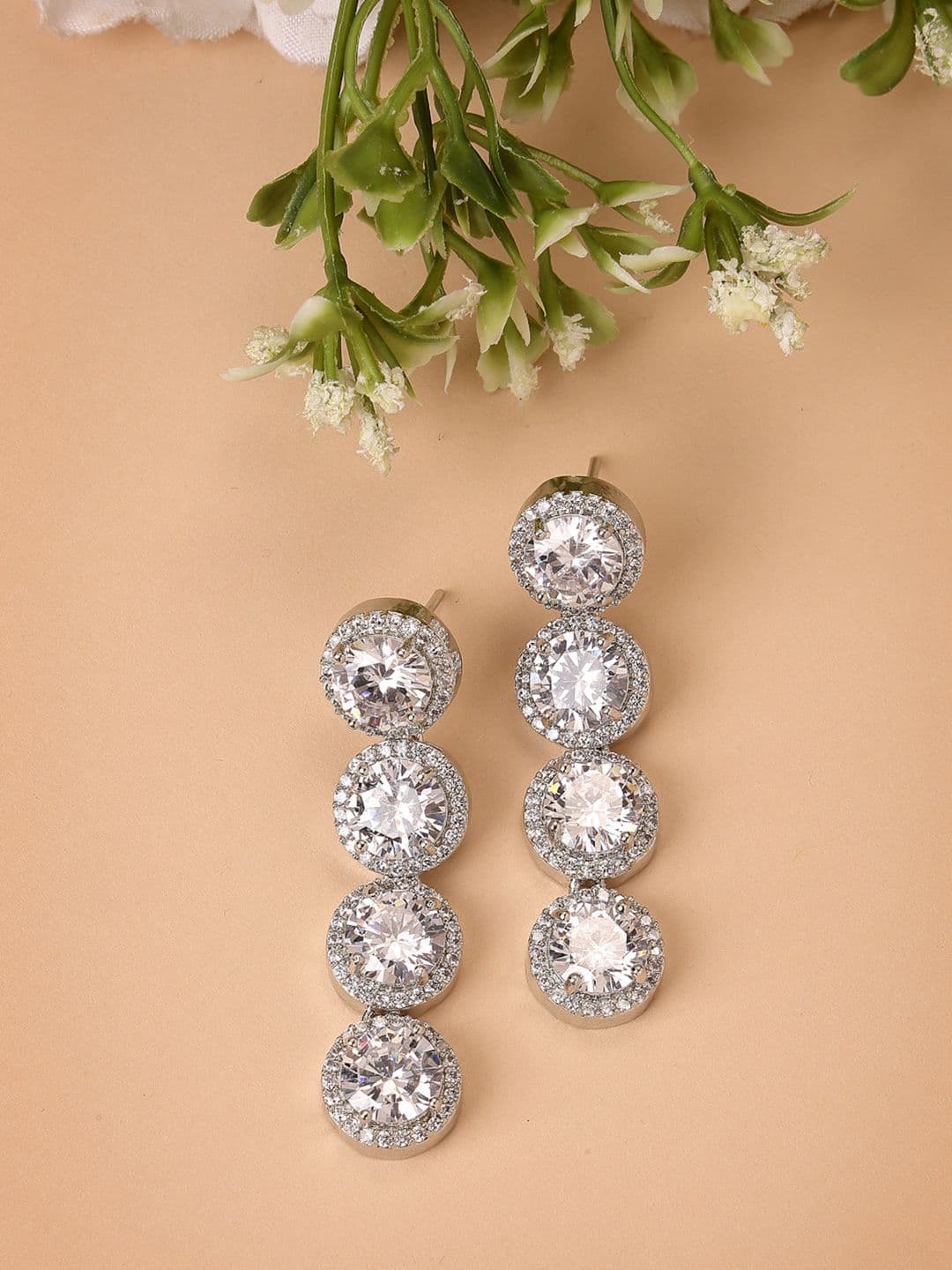 ZENEME Rhodium Plated Circular American Diamond Drop Earrings - view 1