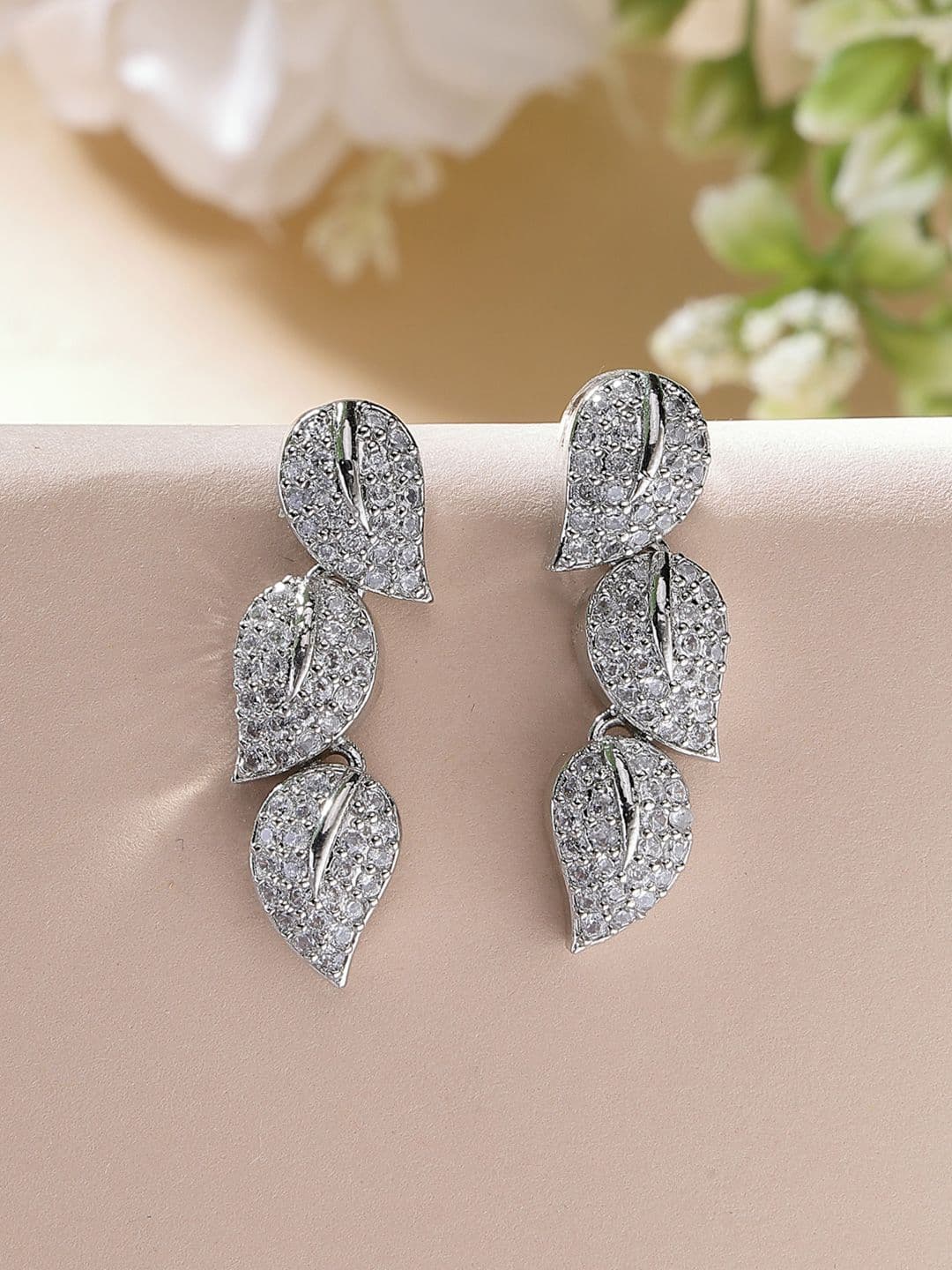 ZENEME Rhodium-Plated Leaf Shaped Drop American Diamond Earrings - view 1