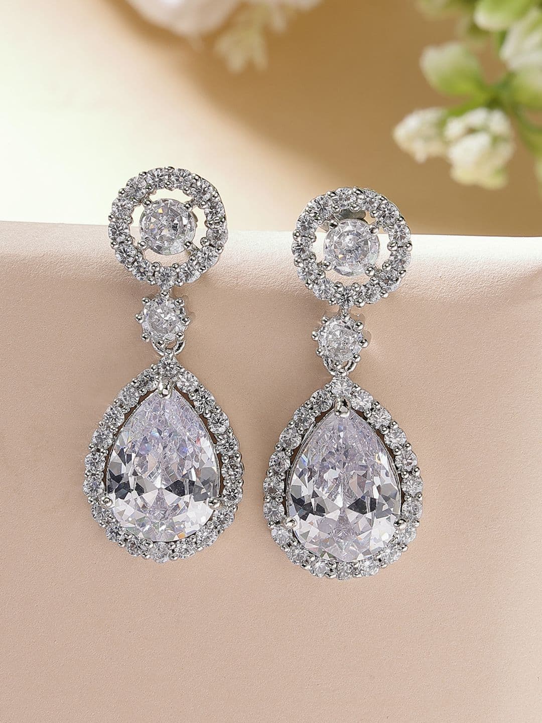 ZENEME Rhodium Plated Geometric American Diamond Drop Earrings - view 1