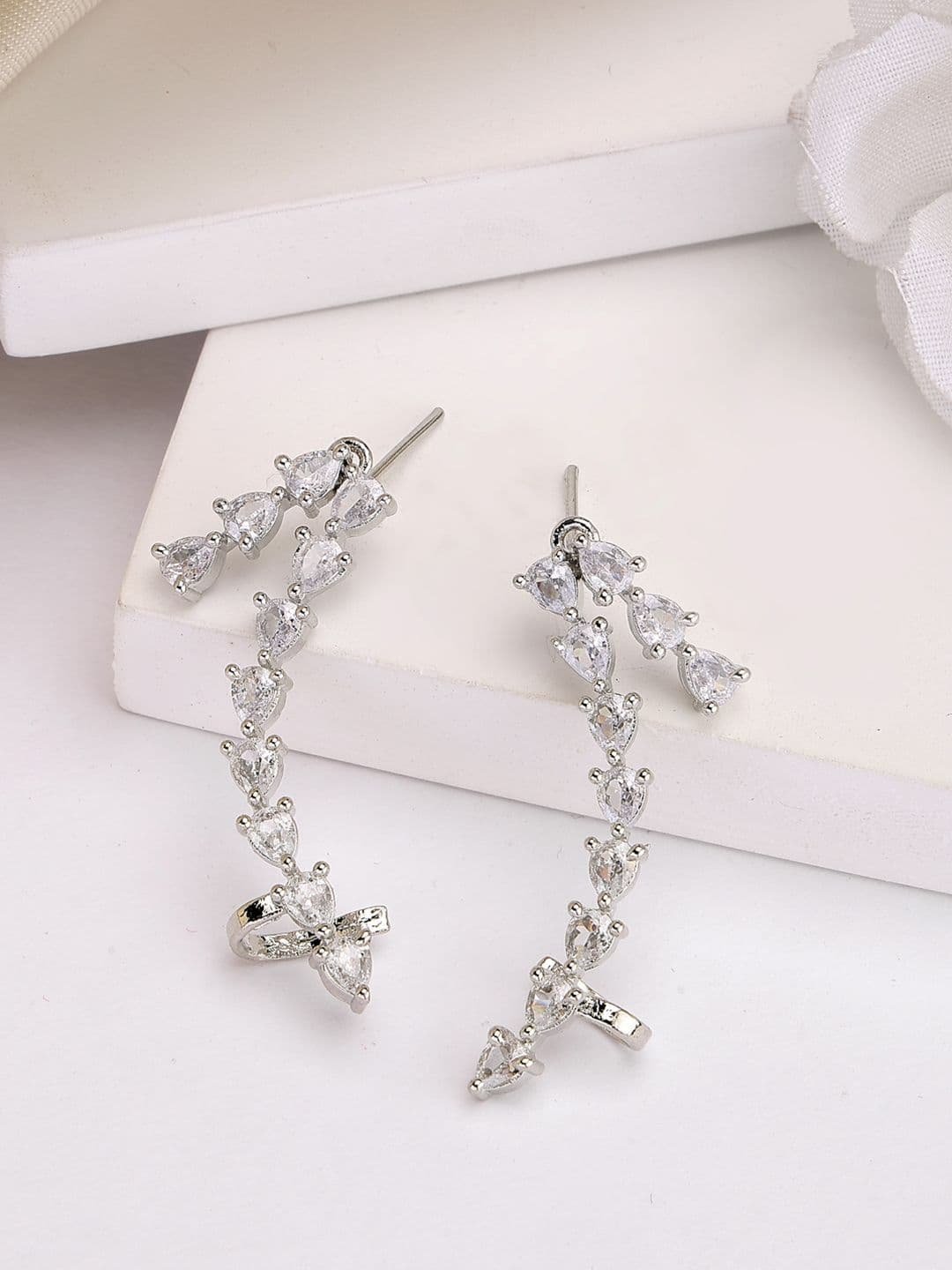 ZENEME Rhodium Plated American Diamond Studded Teardrop Shaped Ear Cuff Earrings - view 1