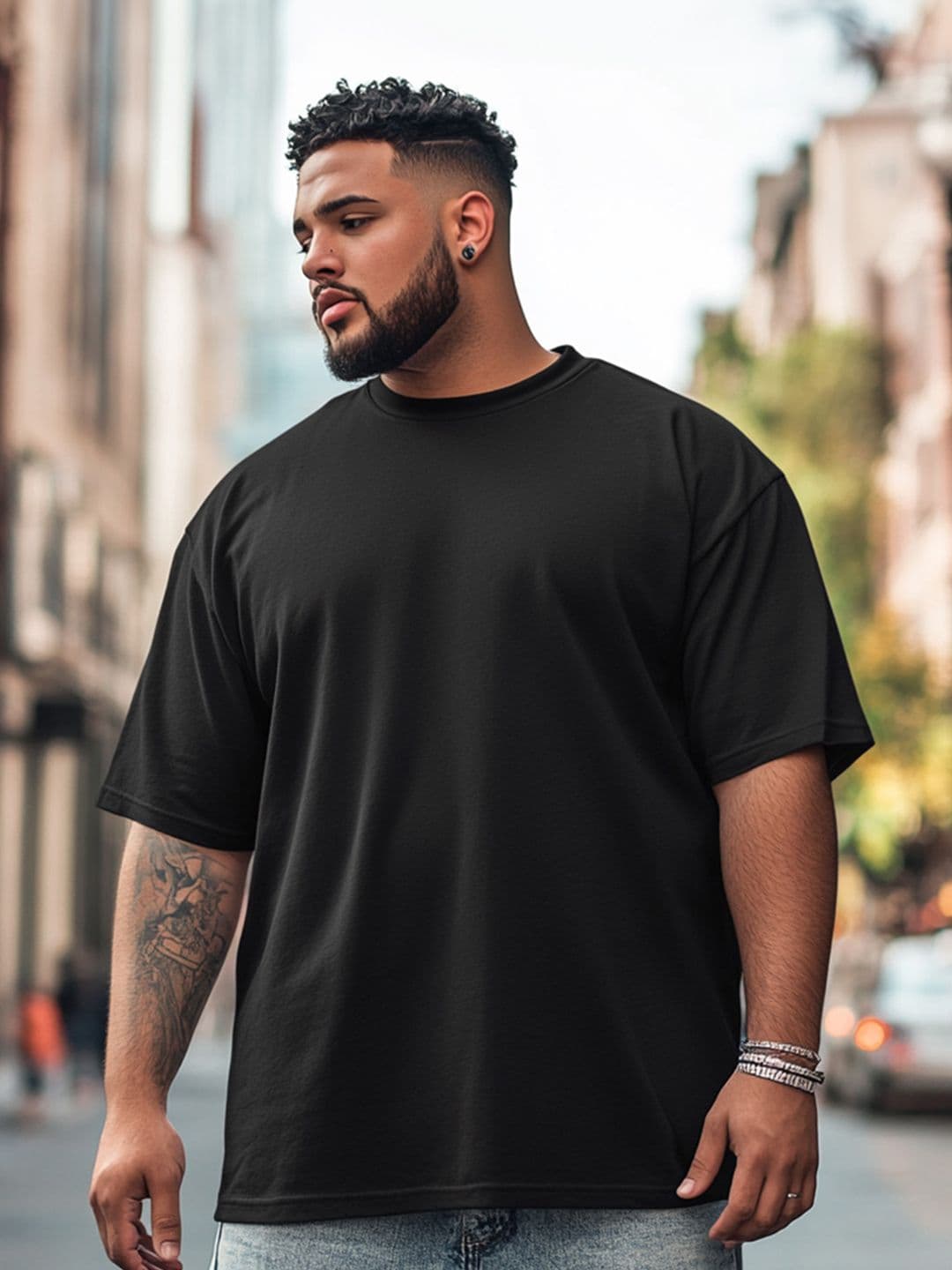 VEIRDO Men Plus Size Solid Round Neck Pure Cotton Black Oversized T-Shirt - view 1