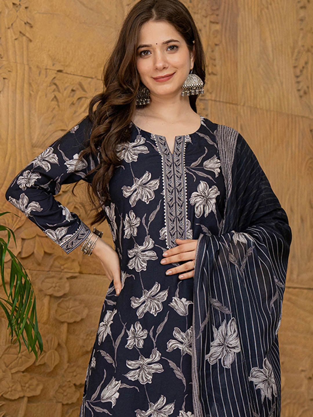KALINI Floral Printed Gotta Patti Straight Kurta With Trouser & Dupatta - view 1