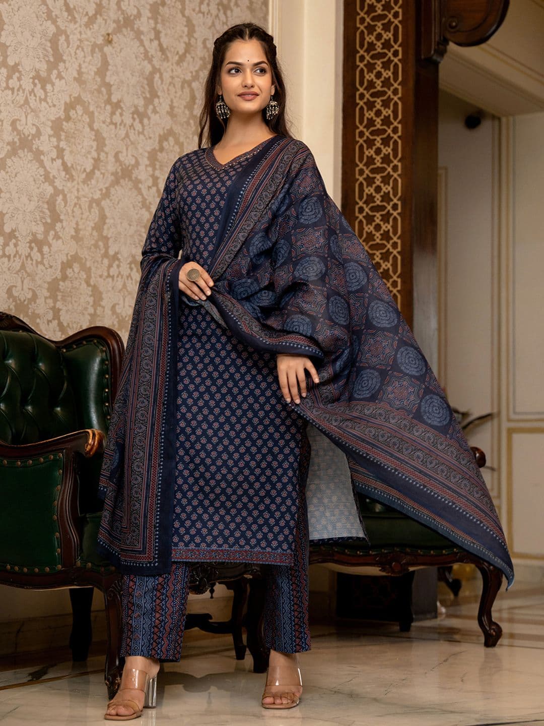 KALINI Ethnic Motifs Printed Regular Gotta Patti Straight Kurta with Trousers & Dupatta - view 1