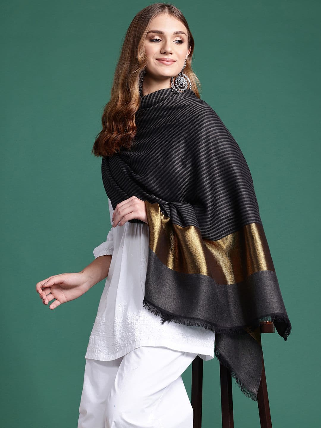 Sangria Women Striped Woven Design Zari Shawl - view 1