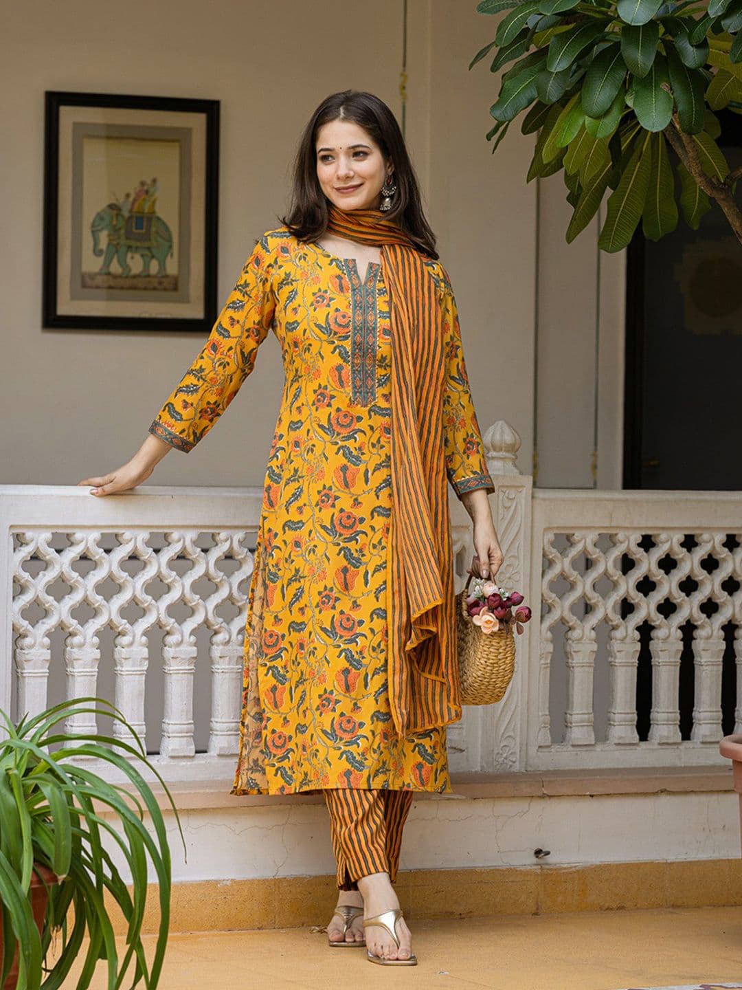 KALINI Floral Printed Regular Cotton Blend Kurta with Trousers With Dupatta - view 1