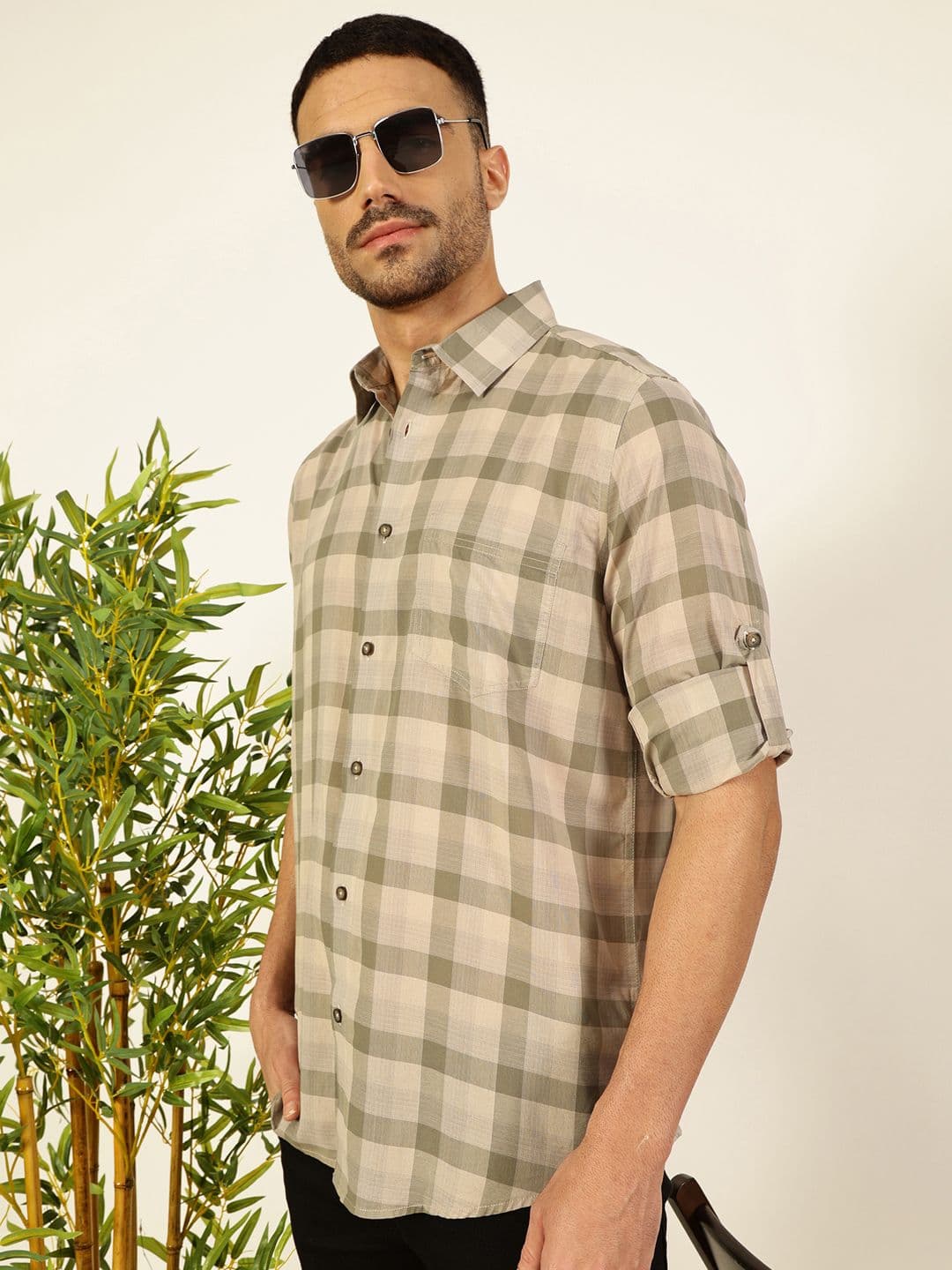 Thomas Scott Men Premium Spread Collar Shepherd Checked Cotton Casual Shirt