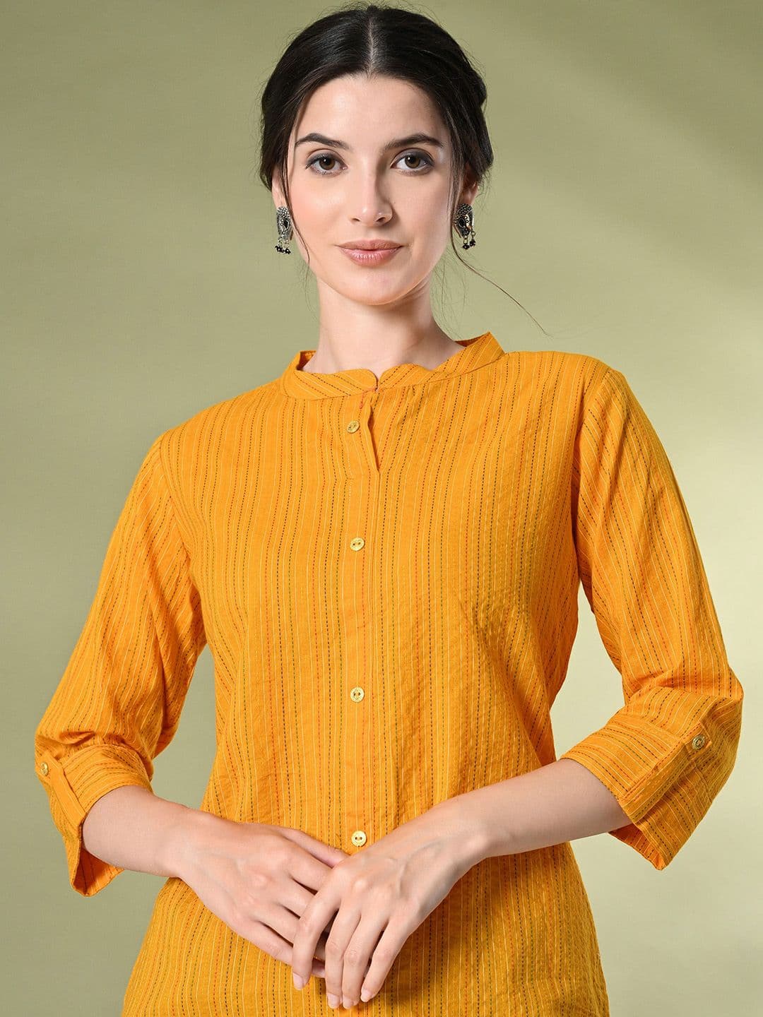 GLOWWORLD Women Vertical Striped Mandarin Collar Pure Cotton Straight Kurta - view 1