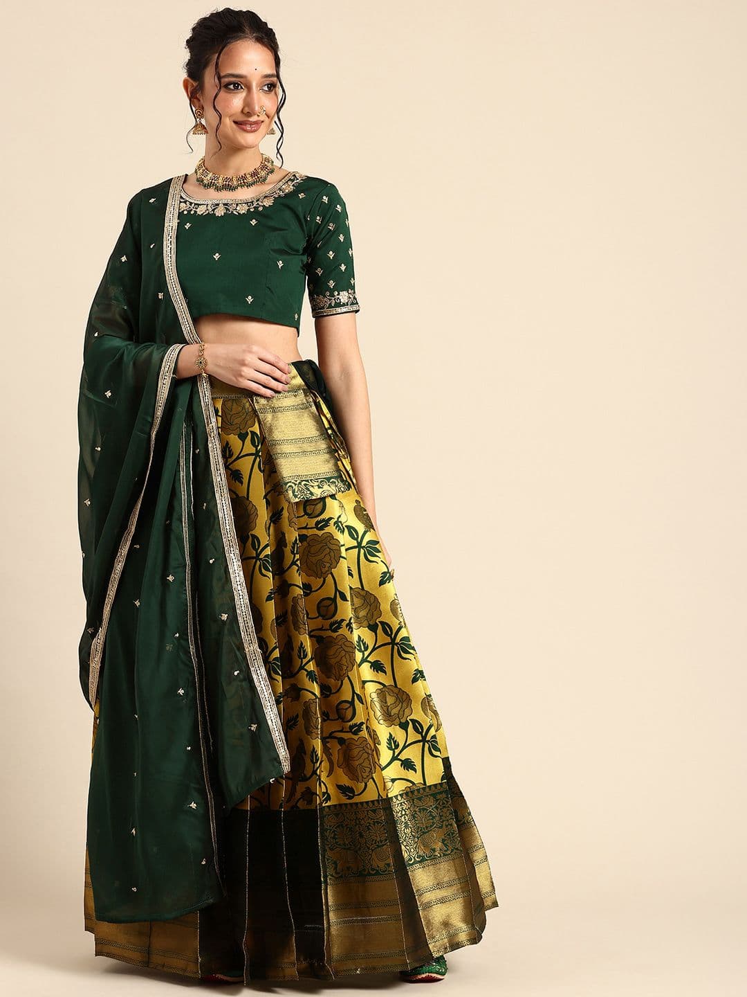 Fabcartz Embroidered Sequinned Semi-Stitched Lehenga & Unstitched Blouse With Dupatta - view 1