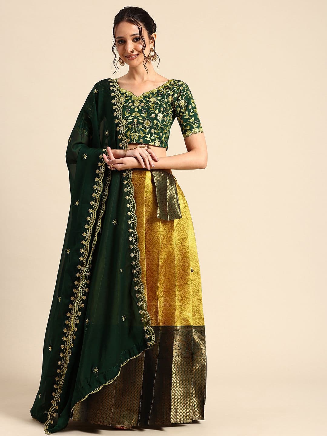 Fabcartz Embroidered Sequinned Semi-Stitched Lehenga & Unstitched Blouse With Dupatta - view 1