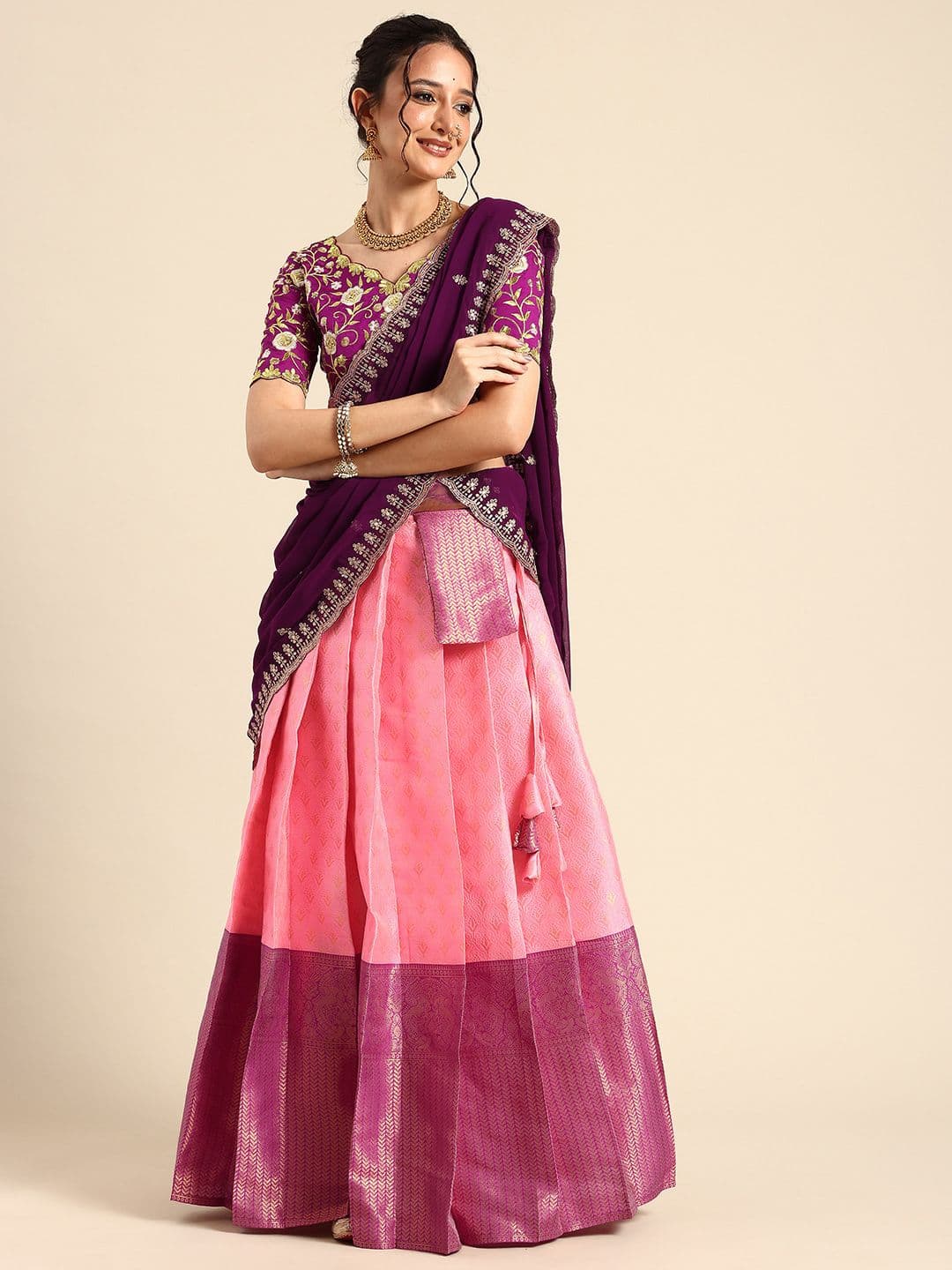 Fabcartz Embroidered Sequinned Semi-Stitched Lehenga & Unstitched Blouse With Dupatta - view 1