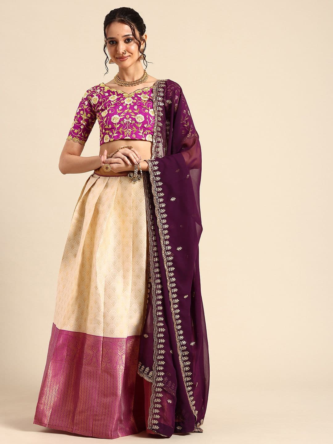 Fabcartz Embroidered Sequinned Semi-Stitched Lehenga & Unstitched Blouse With Dupatta - view 1