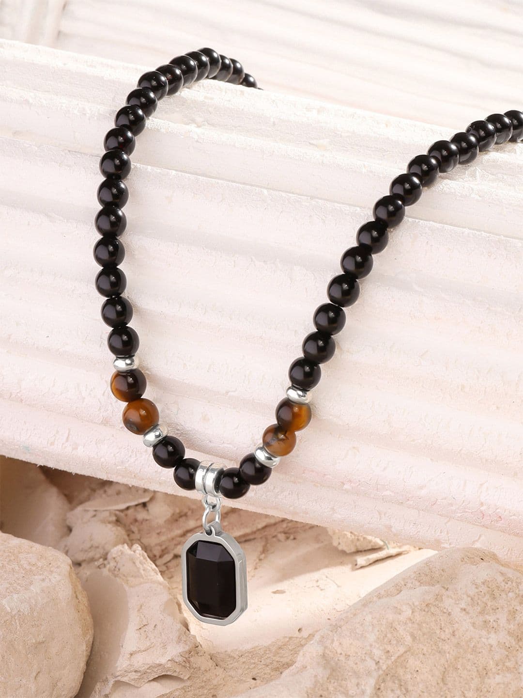 Yellow Chimes Men Stainless Steel Tiger Eye Stone Studded & Beaded Pendants with Chains