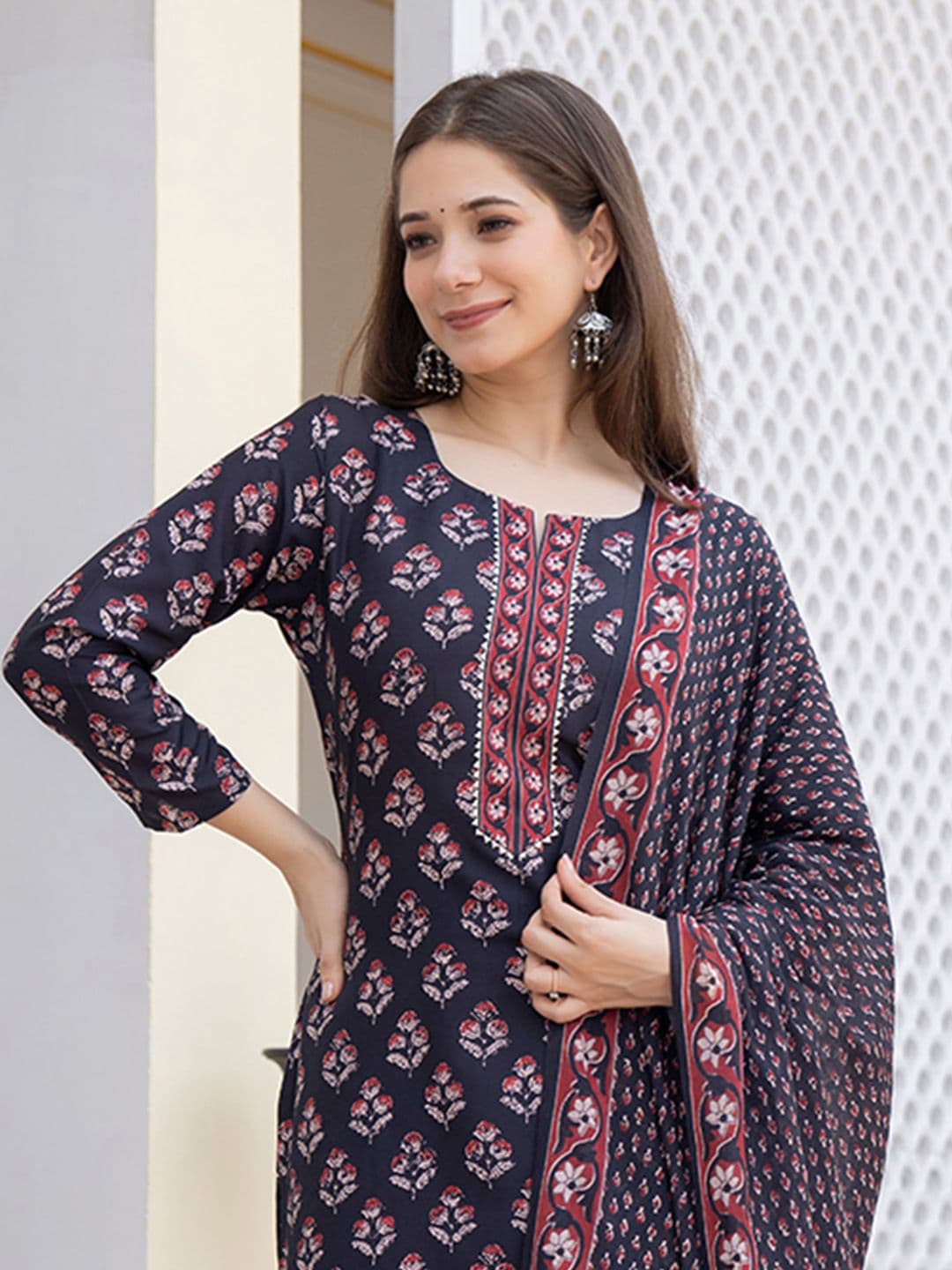 KALINI Floral Printed Round Neck Straight Kurta With Trousers & Dupatta - view 1