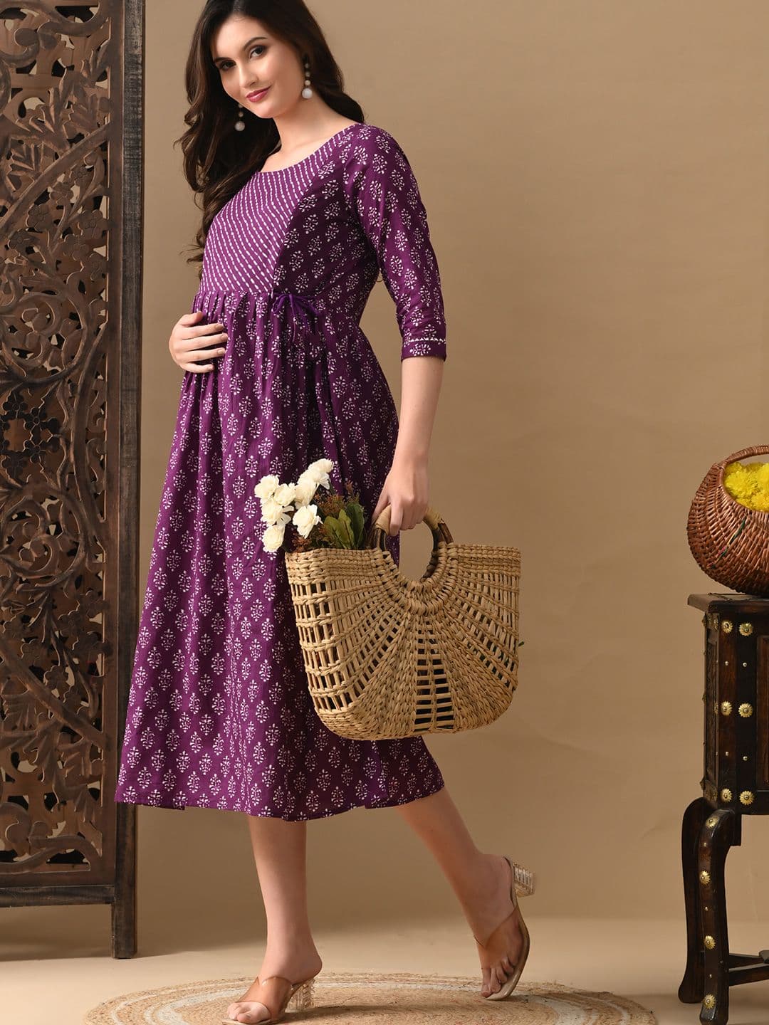 MURLI KURTI Floral Printed Round Neck Cotton Fit and Flare Maternity Ethnic Dress - view 1