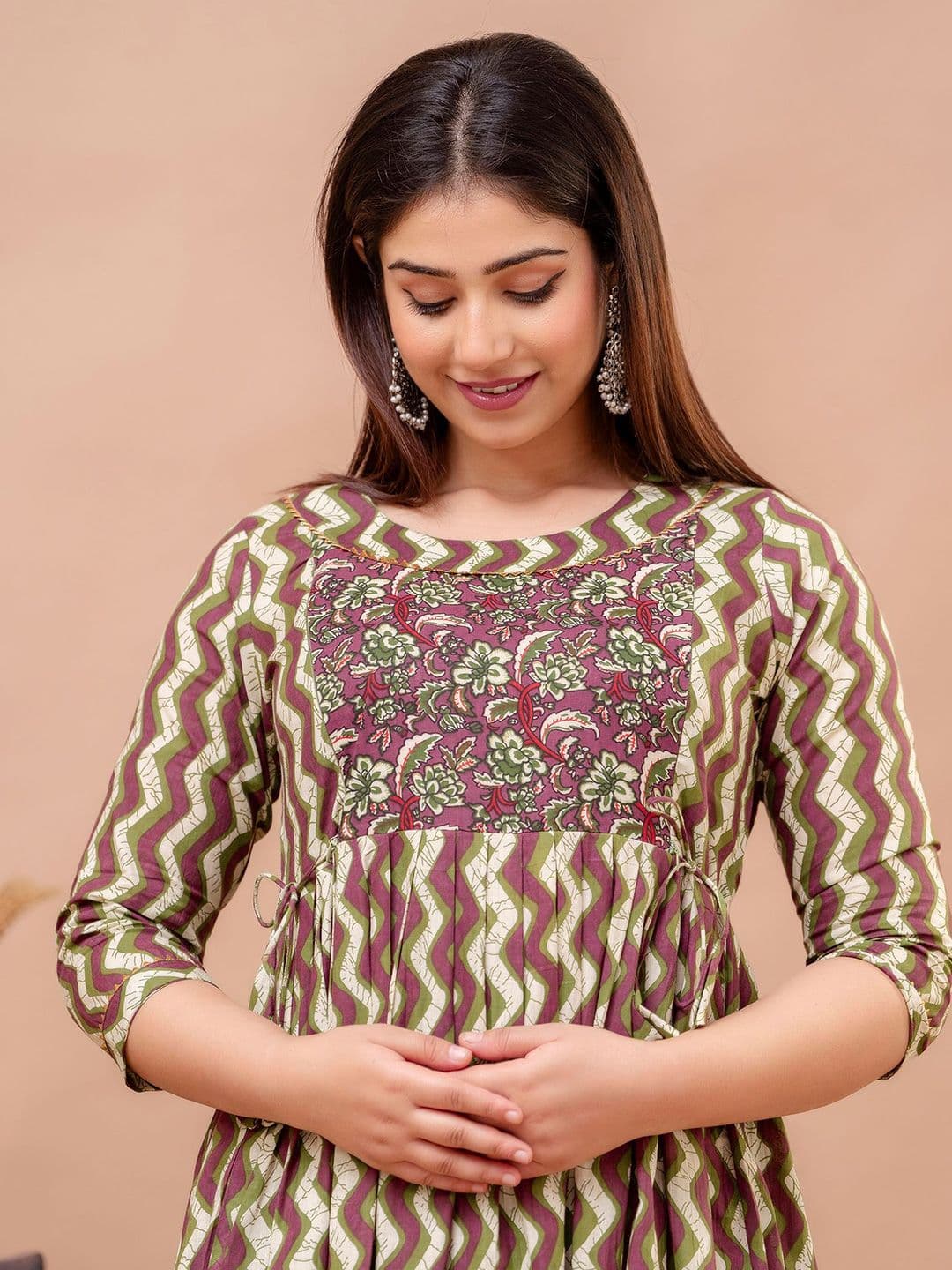 MURLI KURTI Printed Round Neck Gathered Fit & Flare Cotton Maternity Ethnic Dress - view 1