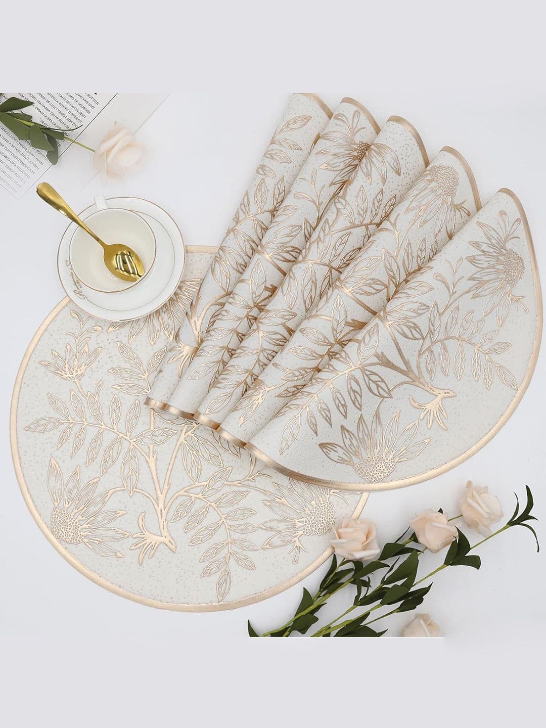 Dakshya Industries 6 Pieces White & Gold-Toned Floral Embellished Round Table Placemats - view 1