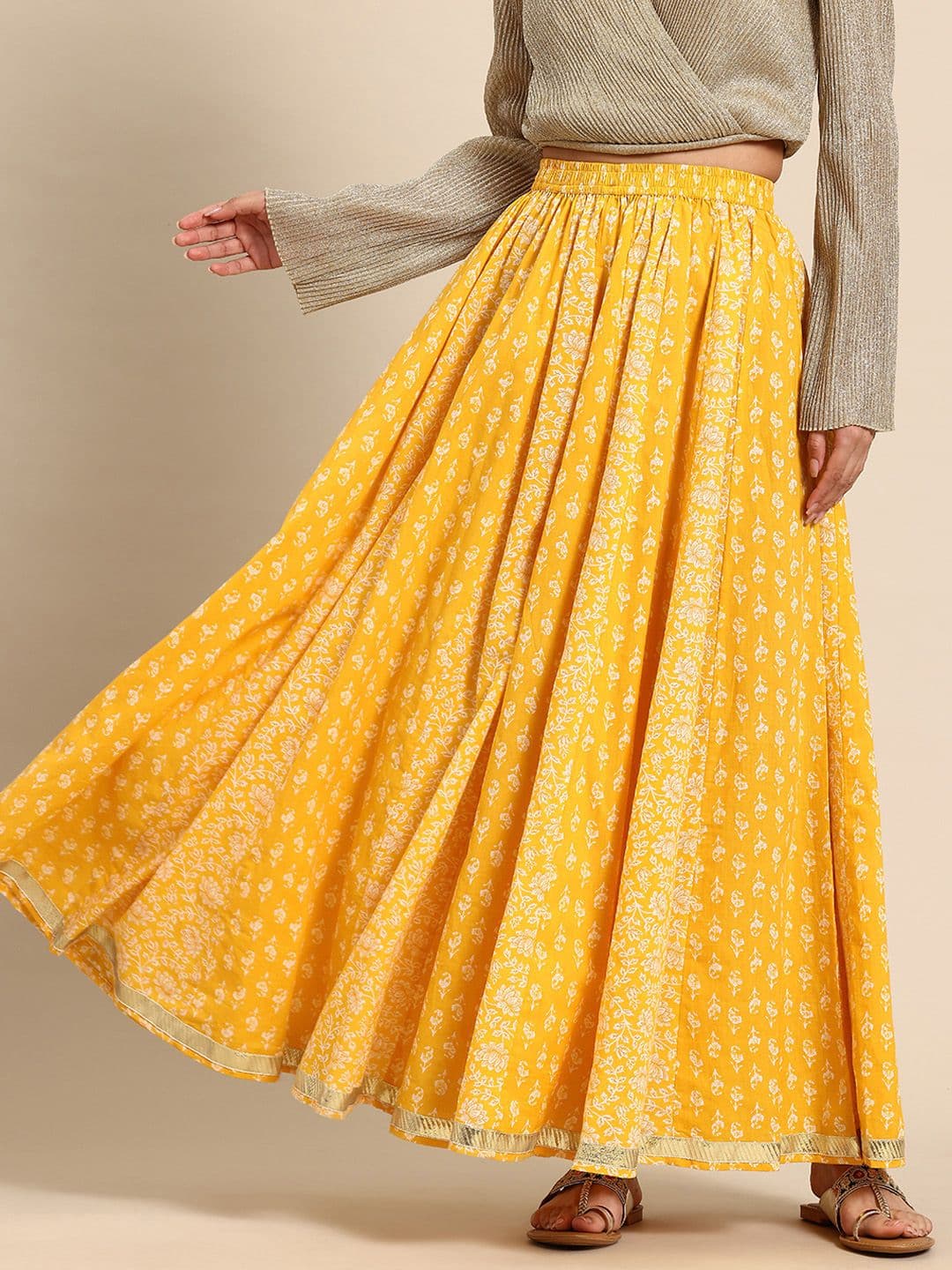anayna Floral Printed Pure Cotton Flared Maxi Skirt - view 1