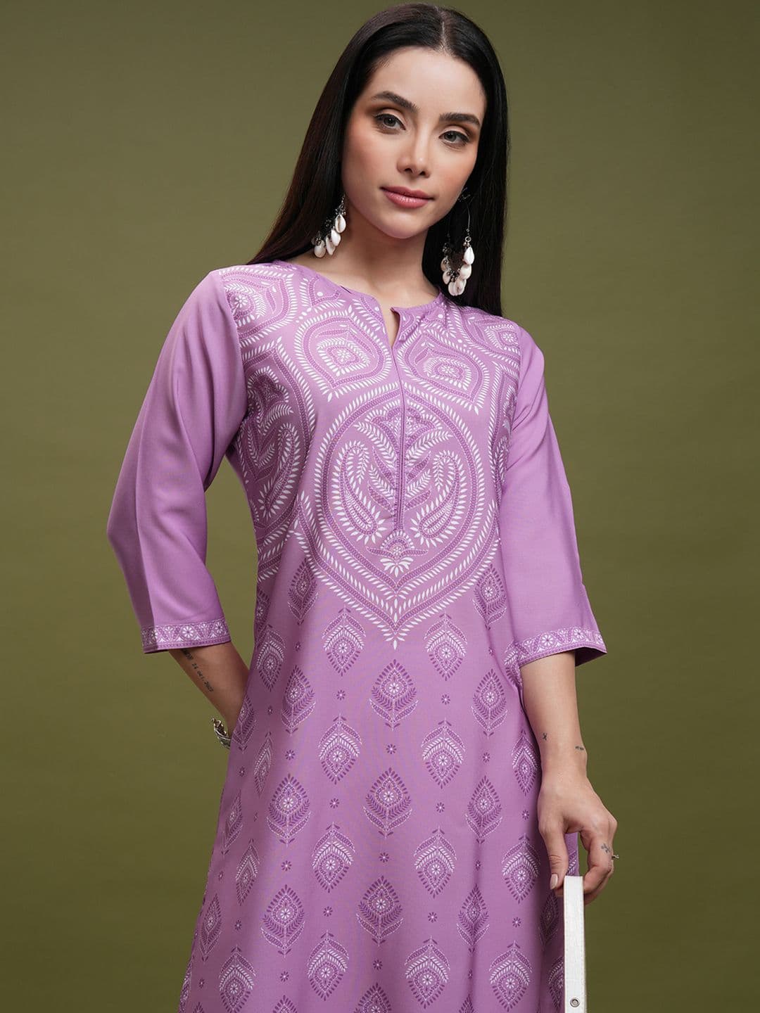 Vishudh Purple Ethnic Motifs Printed Notch Neck Straight Kurta - view 1