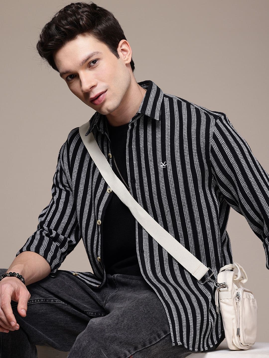WROGN Pure Cotton Striped Drop-Shoulder Sleeves Comfort Fit Knitted Casual Shirt - view 1