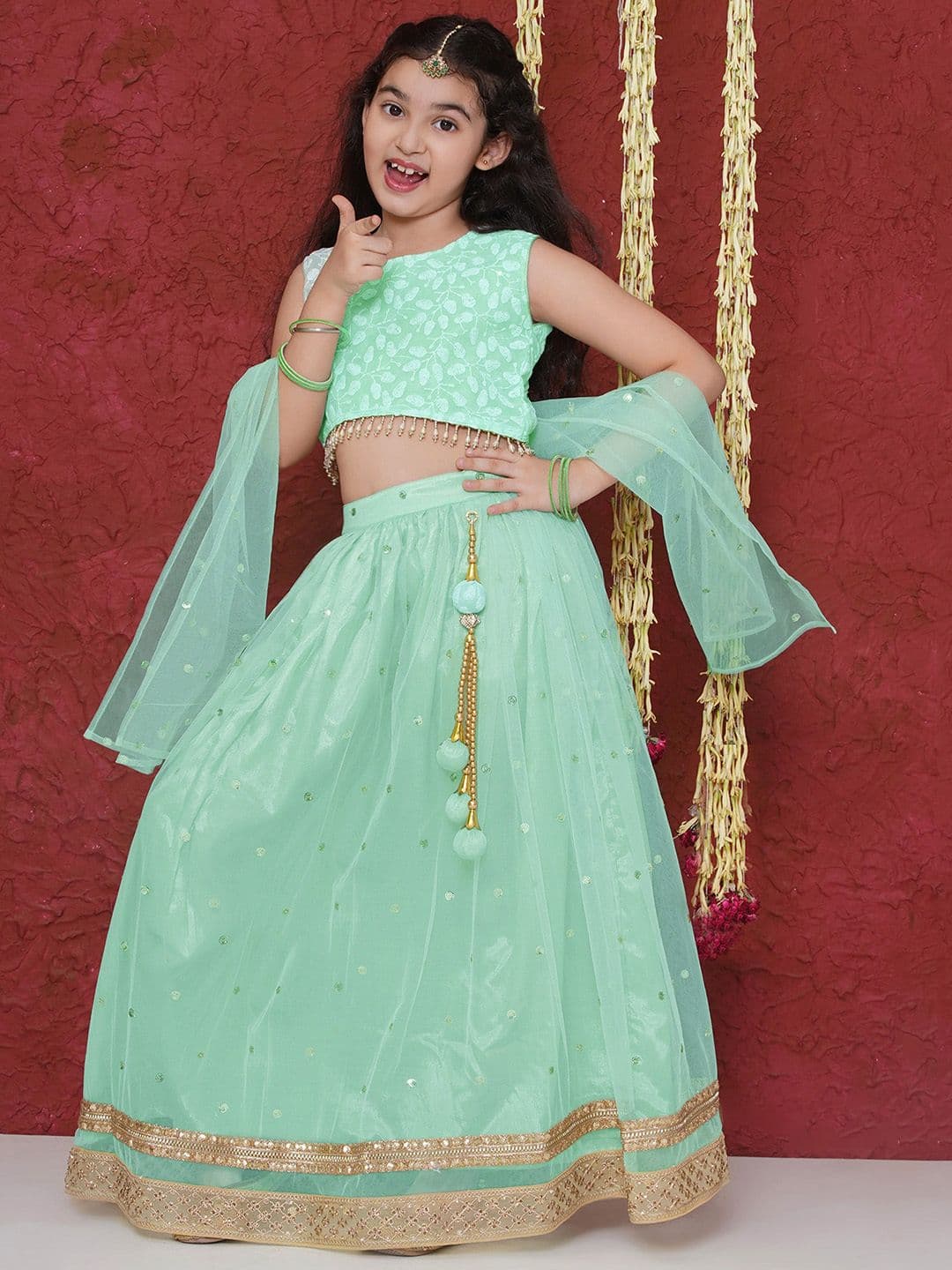 Aj DEZInES Pista Schiffli Thread Work Embroidered Lehenga Choli With Dupatta - view 1
