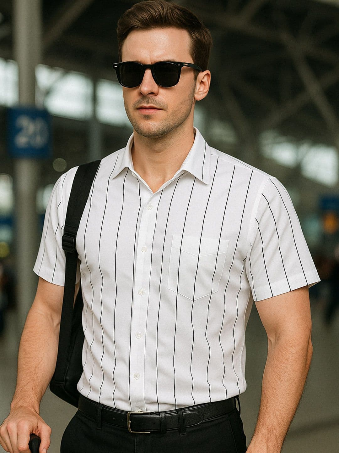 Hancock Men Spread Collar Vertical Striped Cotton Slim Fit Formal Shirt - view 1