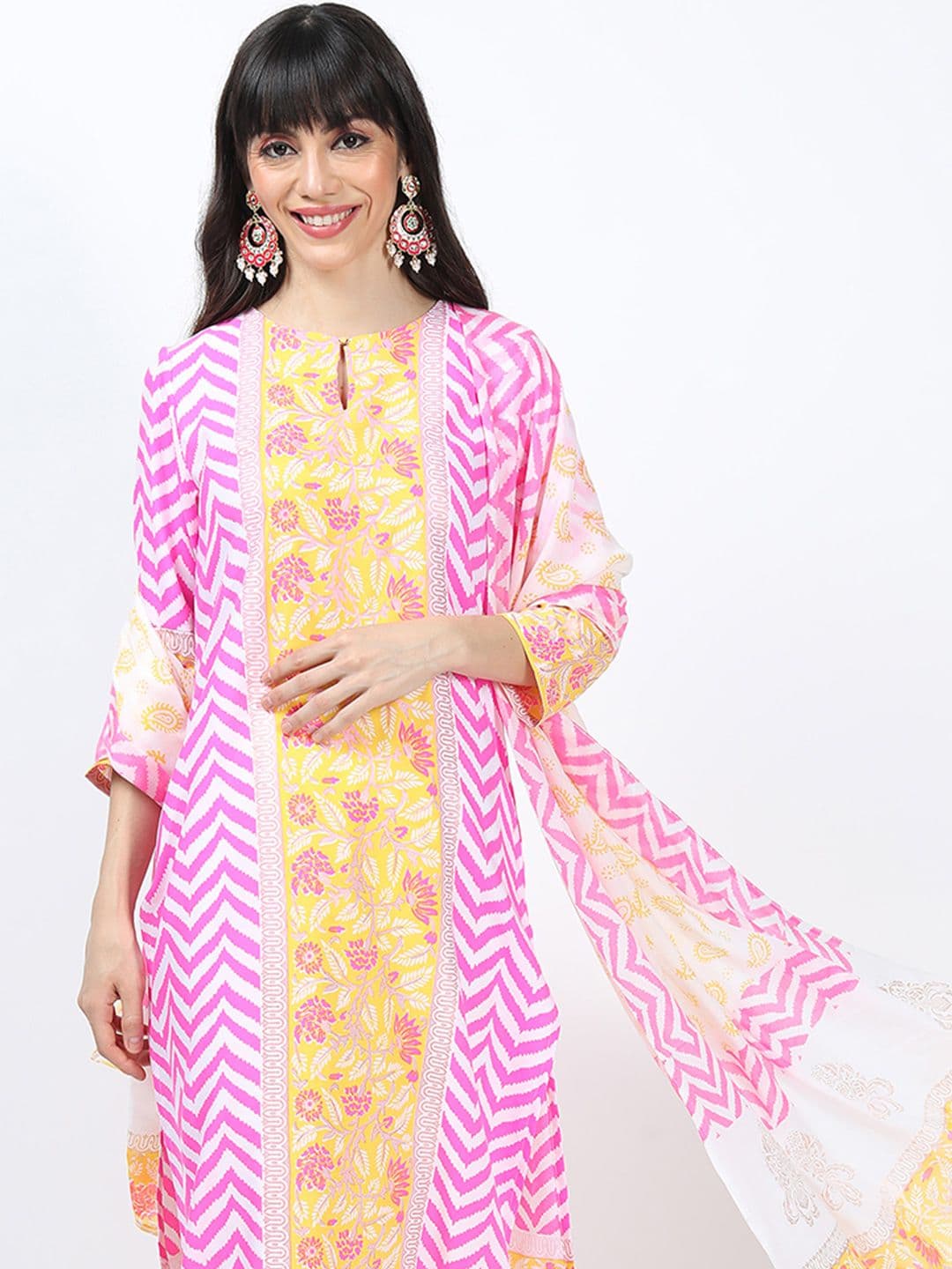Vishudh Pink & Yellow Ethnic Motifs Printed Straight Kurta & Palazzos With Dupatta - view 1
