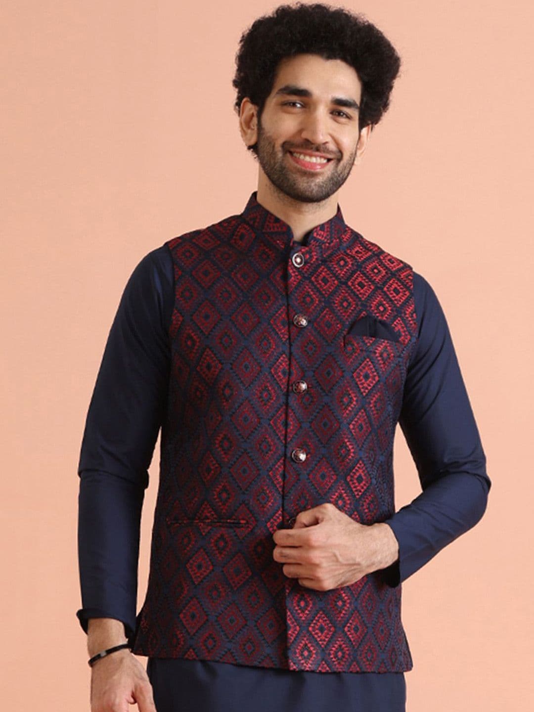 KISAH Men Jacquard Regular Fit Geometric Nehru Jacket - view 1