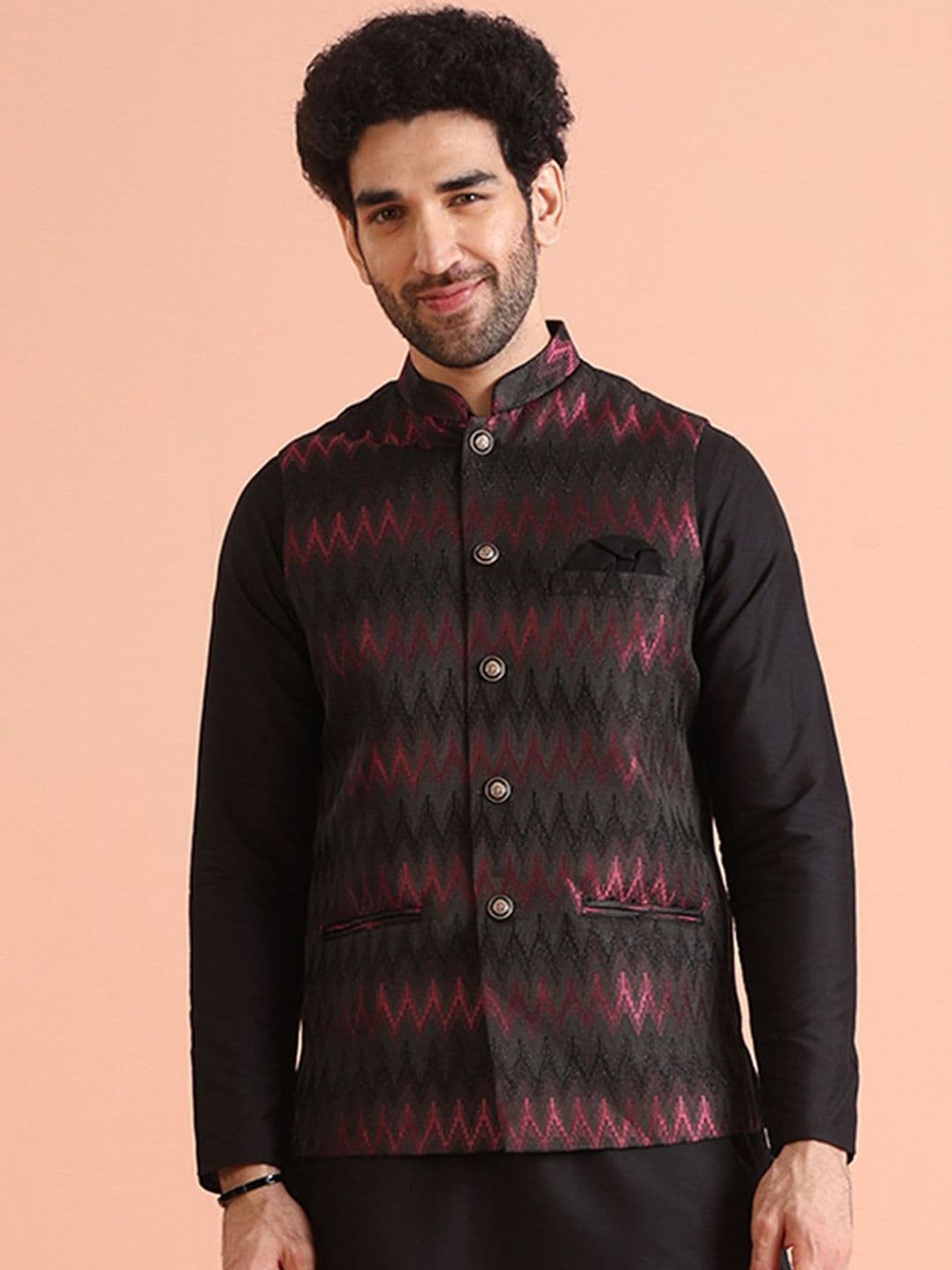 KISAH Men Chevron Regular Fit Jacquard Nehru Jacket - view 1