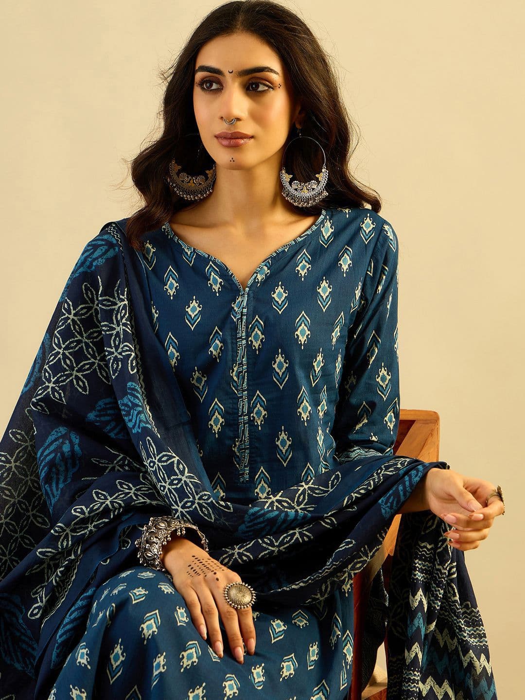 Indo Era Teal blue Ethnic Motifs Printed Pure Cotton Kurta with Trouser & Dupatta - view 1