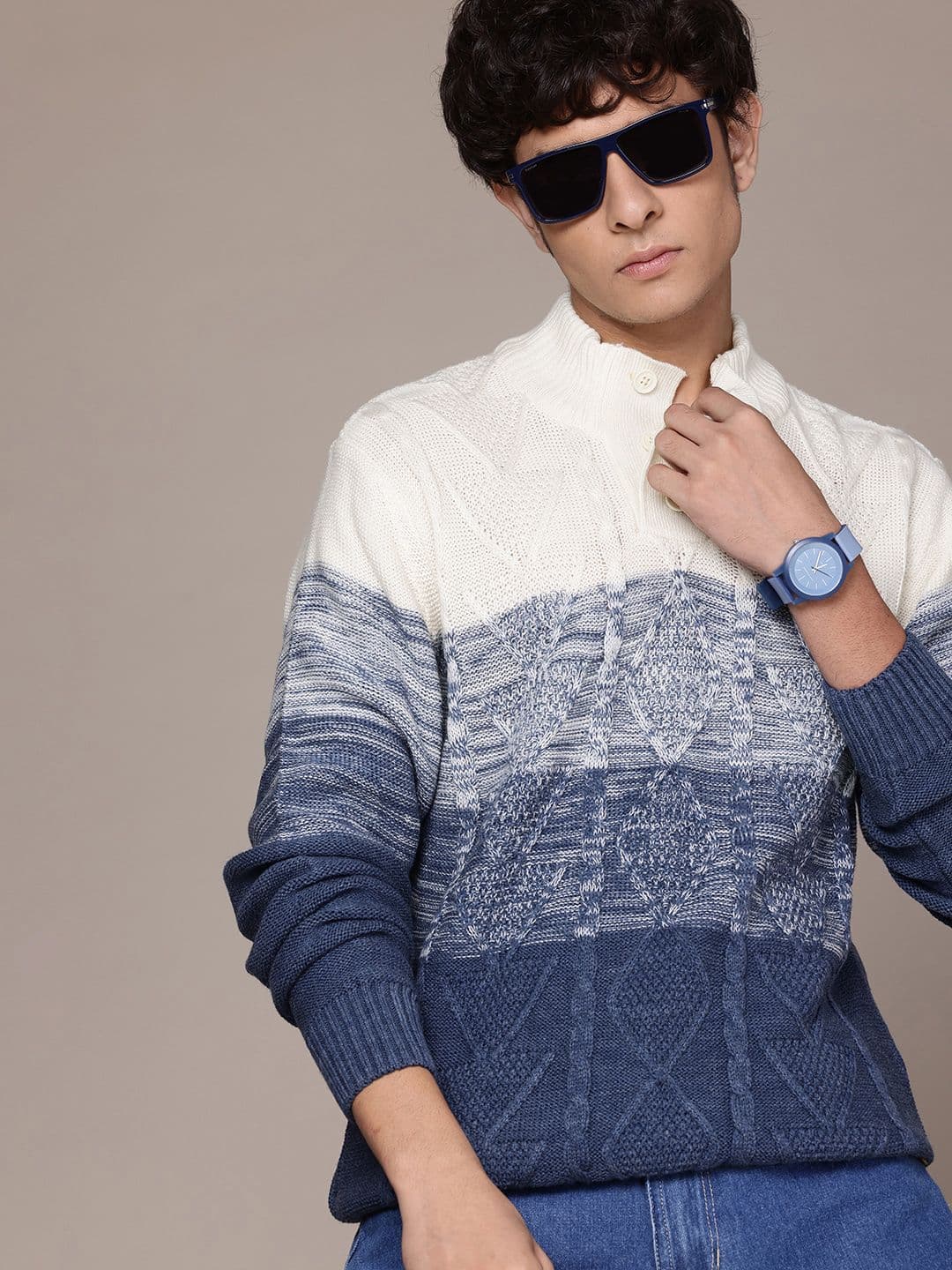 Roadster Men Cable Knit Colourblocked Pullover - view 1