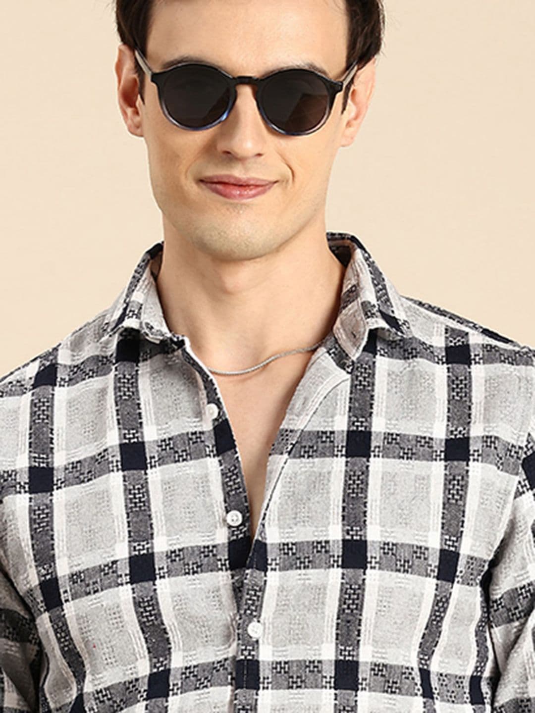 Mast & Harbour Self-Design Checked Knitted Casual Shirt - view 1
