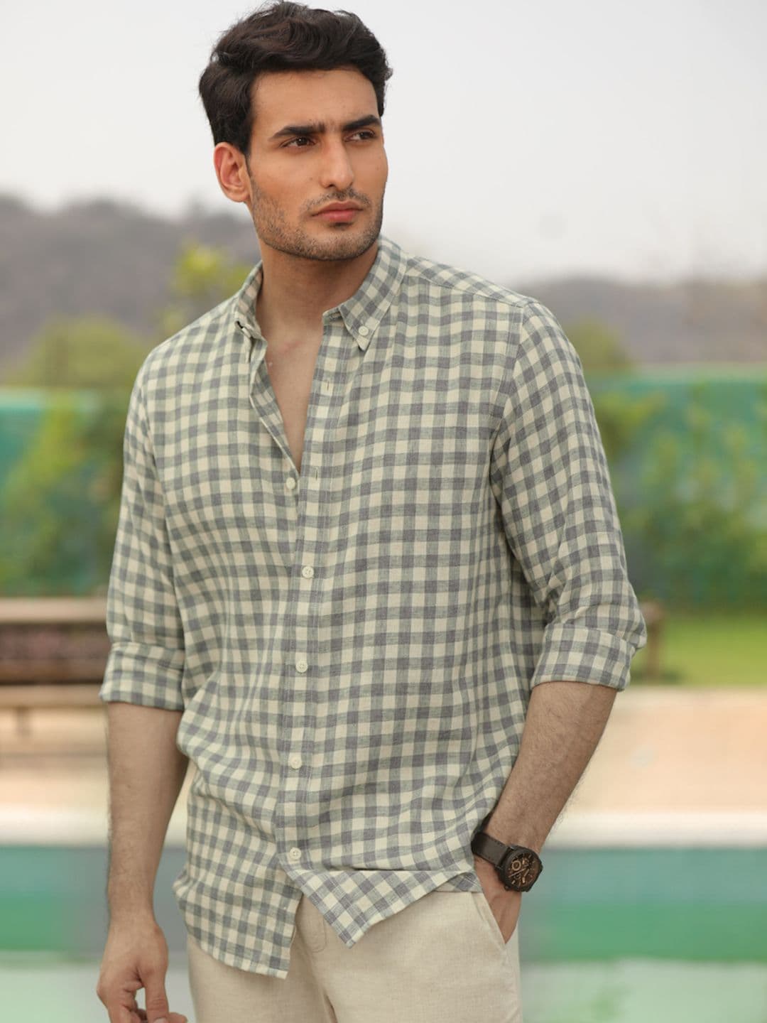 PERCH Men India Slim Grid Tattersall Checked Linen Blend Casual Shirt - view 1