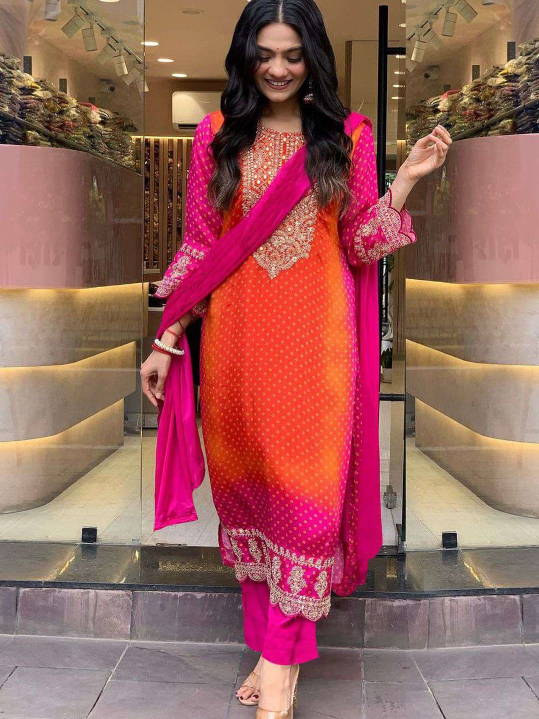 GoSriKi Bandhani Printed Sequinned Embroidery Work Kurta with Trousers & Dupatta - view 1