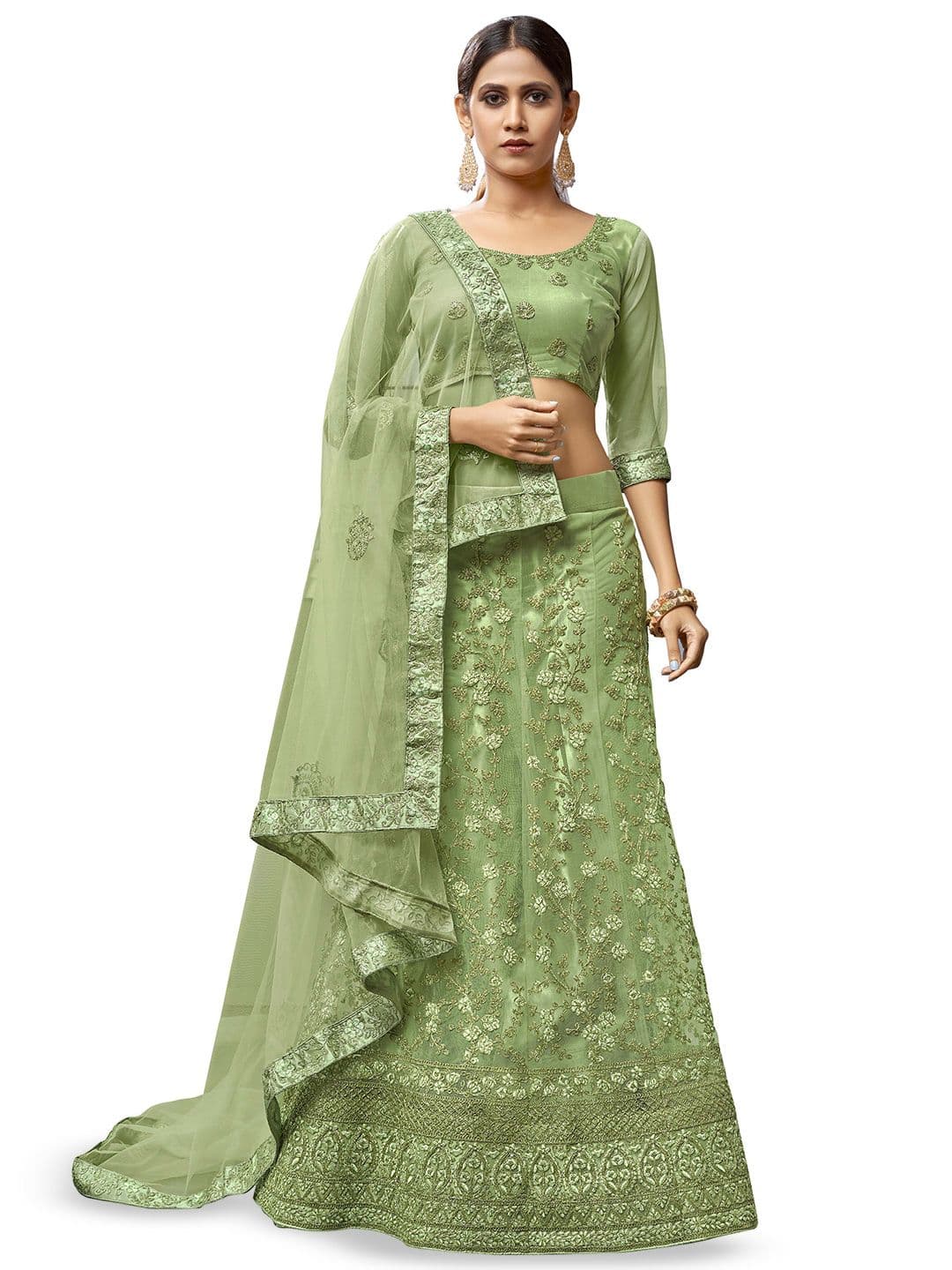 Maroosh Floral Embroidered Unstitched Lehenga & Blouse With Dupatta - view 1