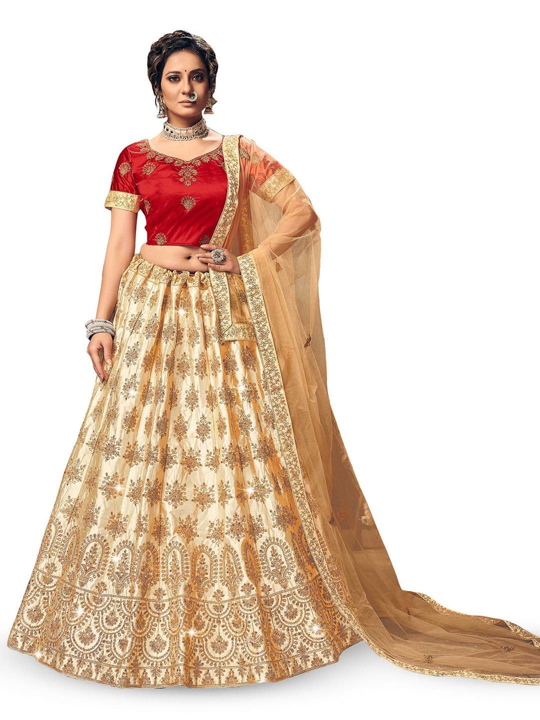 Maroosh Floral Embroidered Satin Unstitched Lehenga & Blouse With Dupatta - view 1
