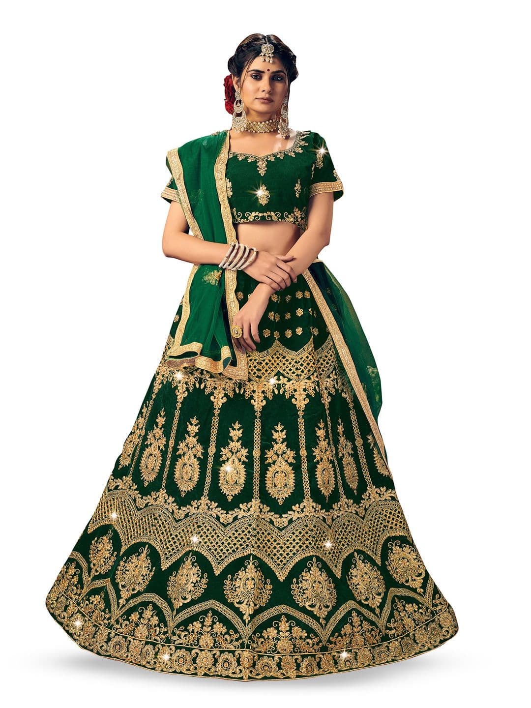 Maroosh Embroidered Thread Work Velvet Unstitched Lehenga & Blouse With Dupatta - view 1