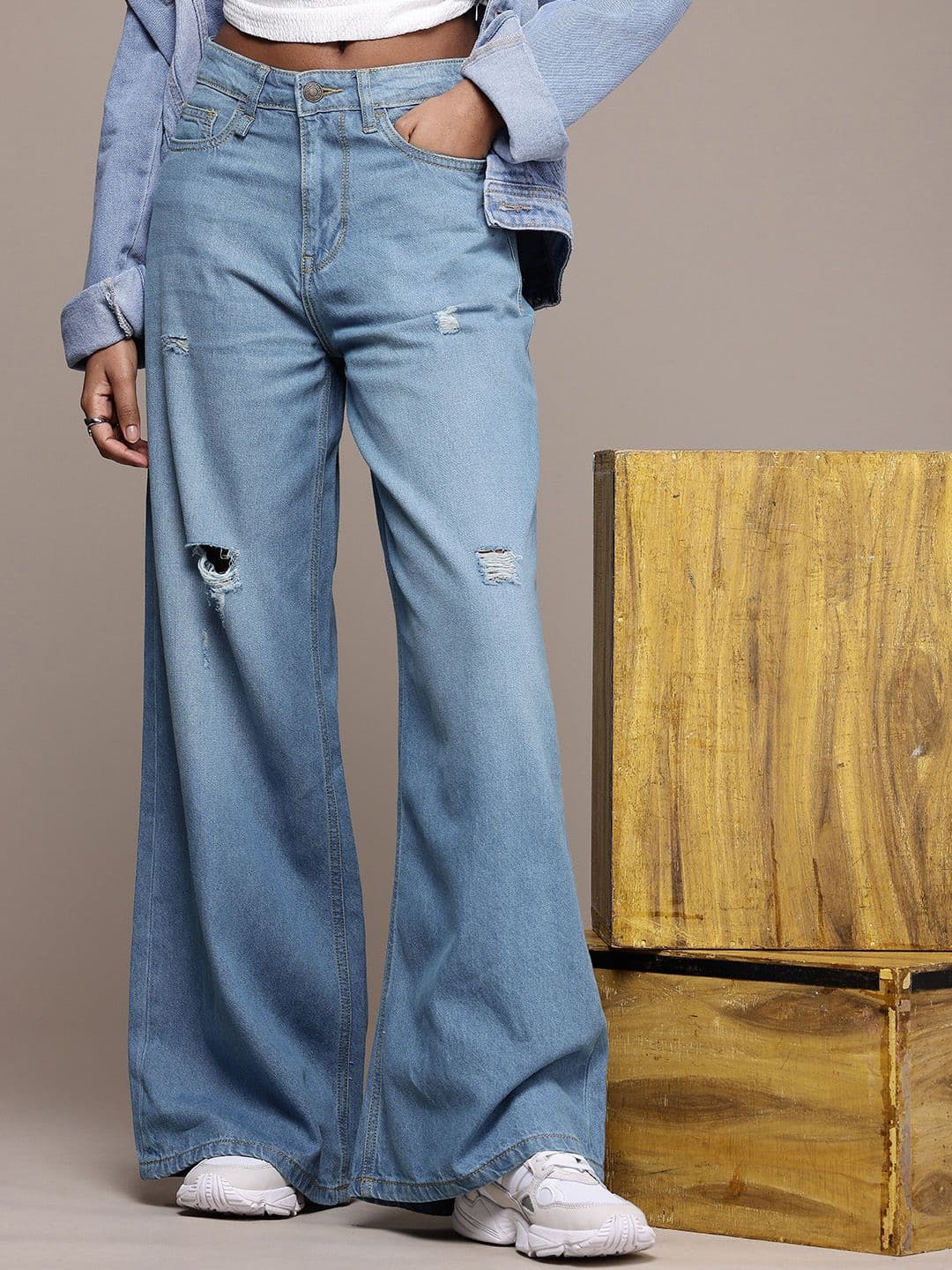 The Roadster Life Co. Women Pure Cotton High-Rise Wide Leg Distressed Light Fade Jeans - view 1