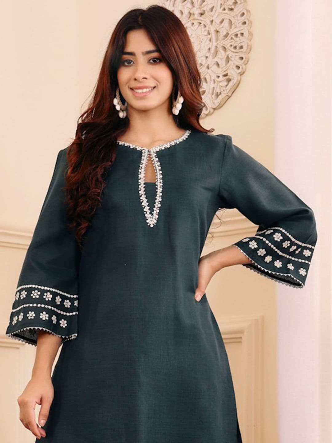 Varanga Embroidered Straight Sequinned Kurta with Palazzos - view 1